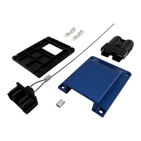 Duskie blue billet aluminium housing kit with 2-way 50A connector, dust cap, and terminals for 4x4 vehicles.
