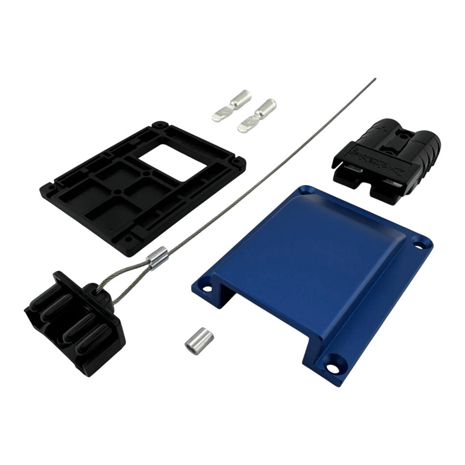 Duskie blue billet aluminium housing kit with 2-way 50A connector, dust cap, and terminals for 4x4 vehicles.
