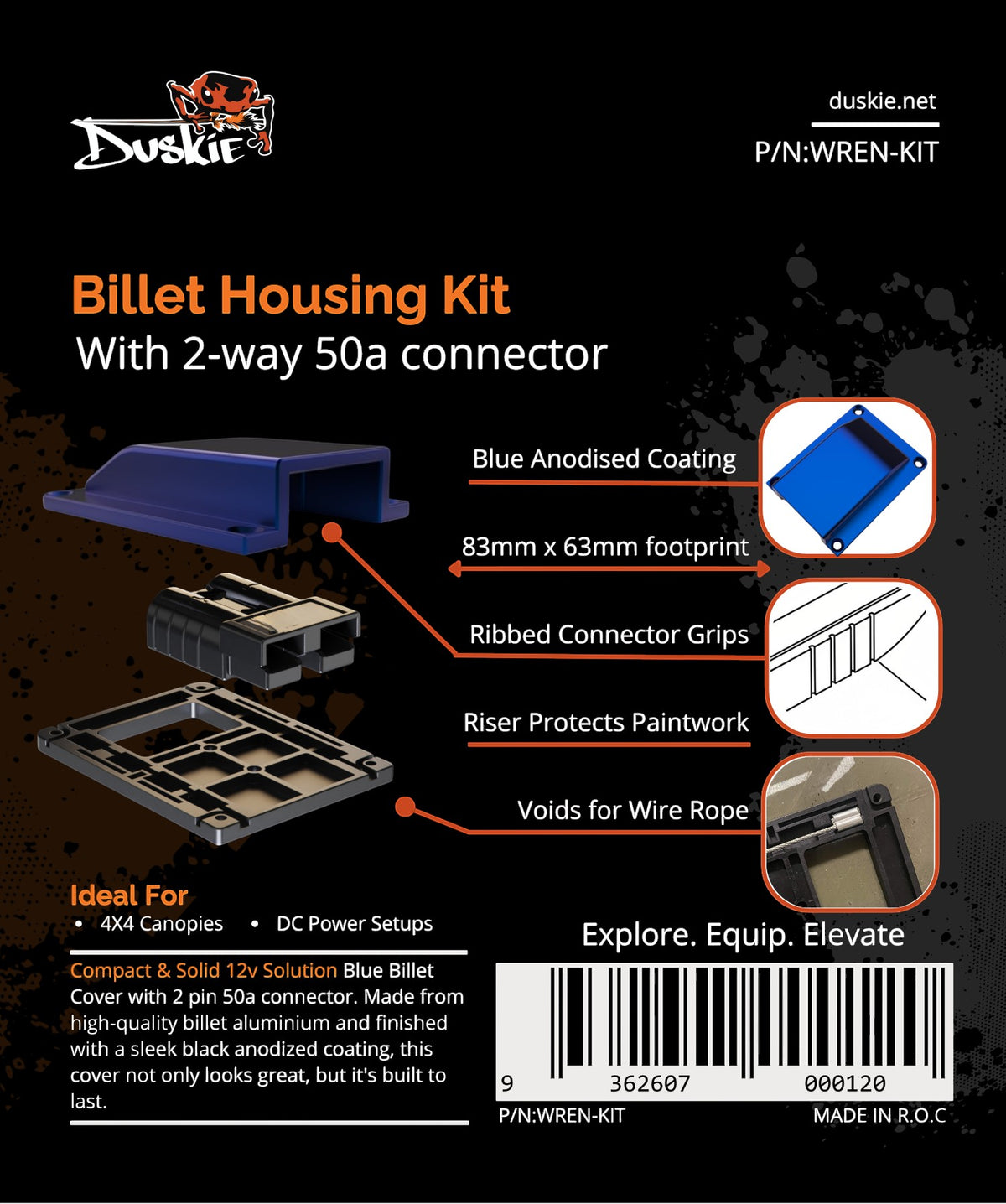 Duskie blue anodised billet aluminium housing kit with 2-way 50A connector for 4x4 canopies and DC power setups.