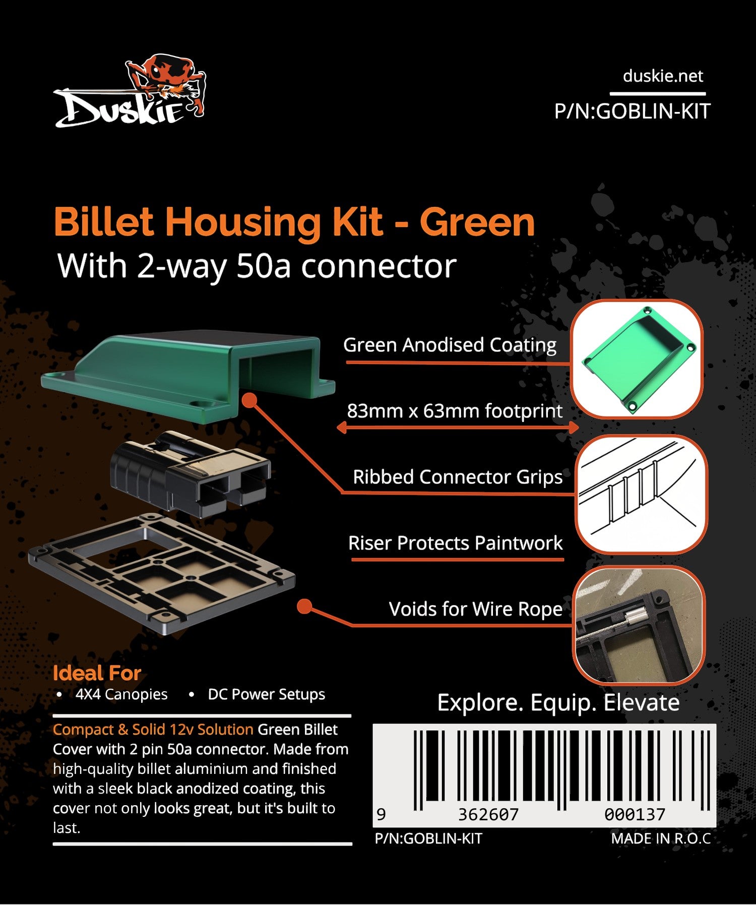 Duskie green anodised billet aluminium housing kit with 2-way 50A connector for 4x4 and DC power setups.