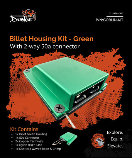 Duskie green billet aluminium housing kit with 2-way 50A connector for 4x4 and canopies.