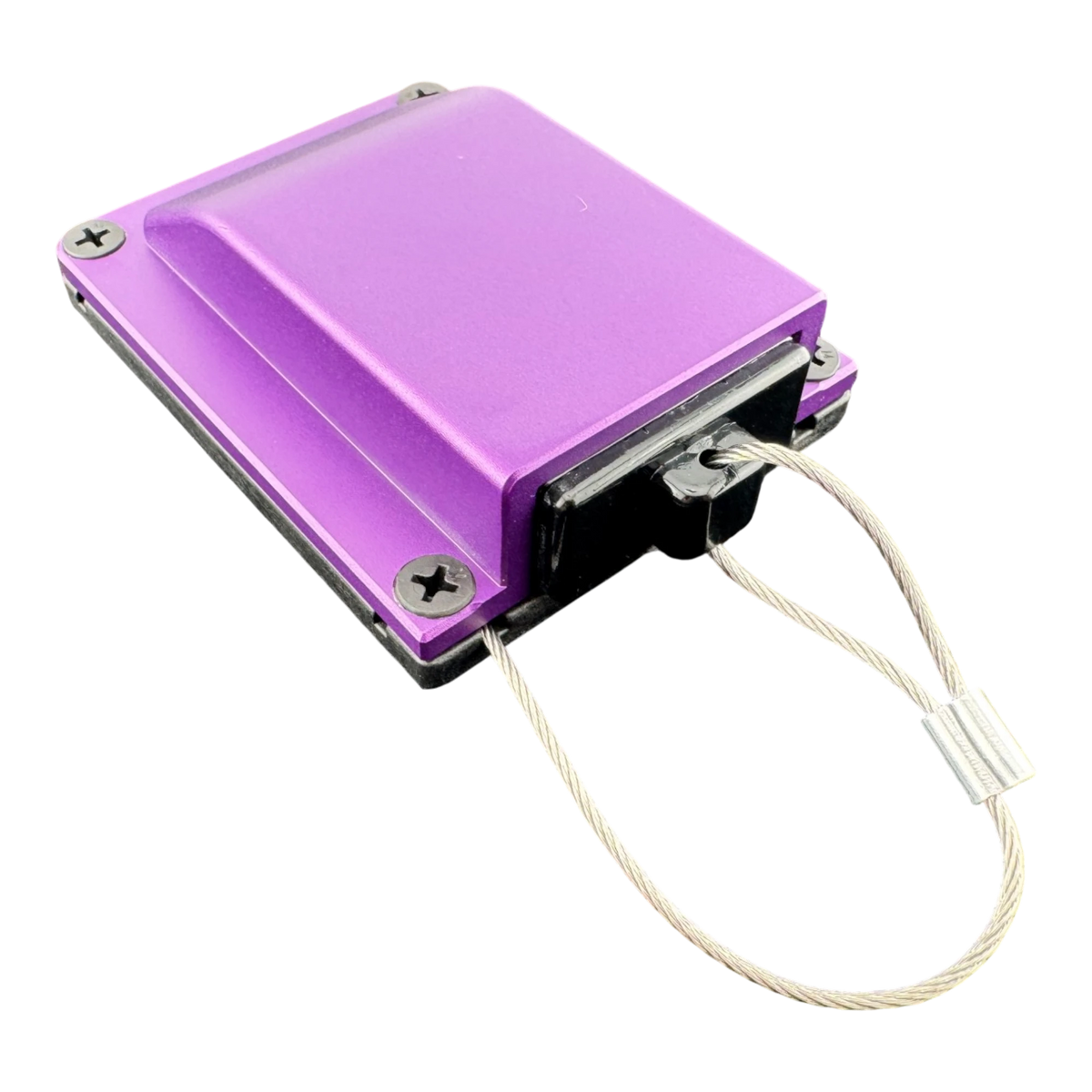 Duskie purple anodised billet aluminium housing kit with 2-way 50A connector and dust cap on wire lanyard.