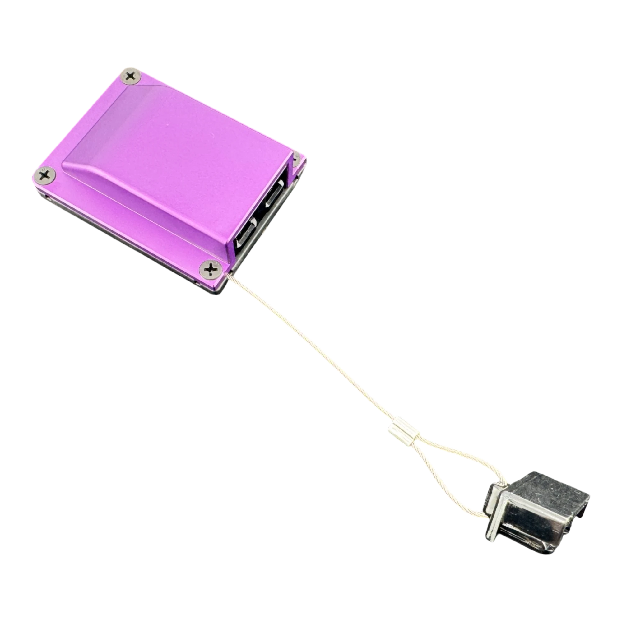Duskie purple anodised aluminium housing kit with 2-way 50A connector and dust cap on wire lanyard.