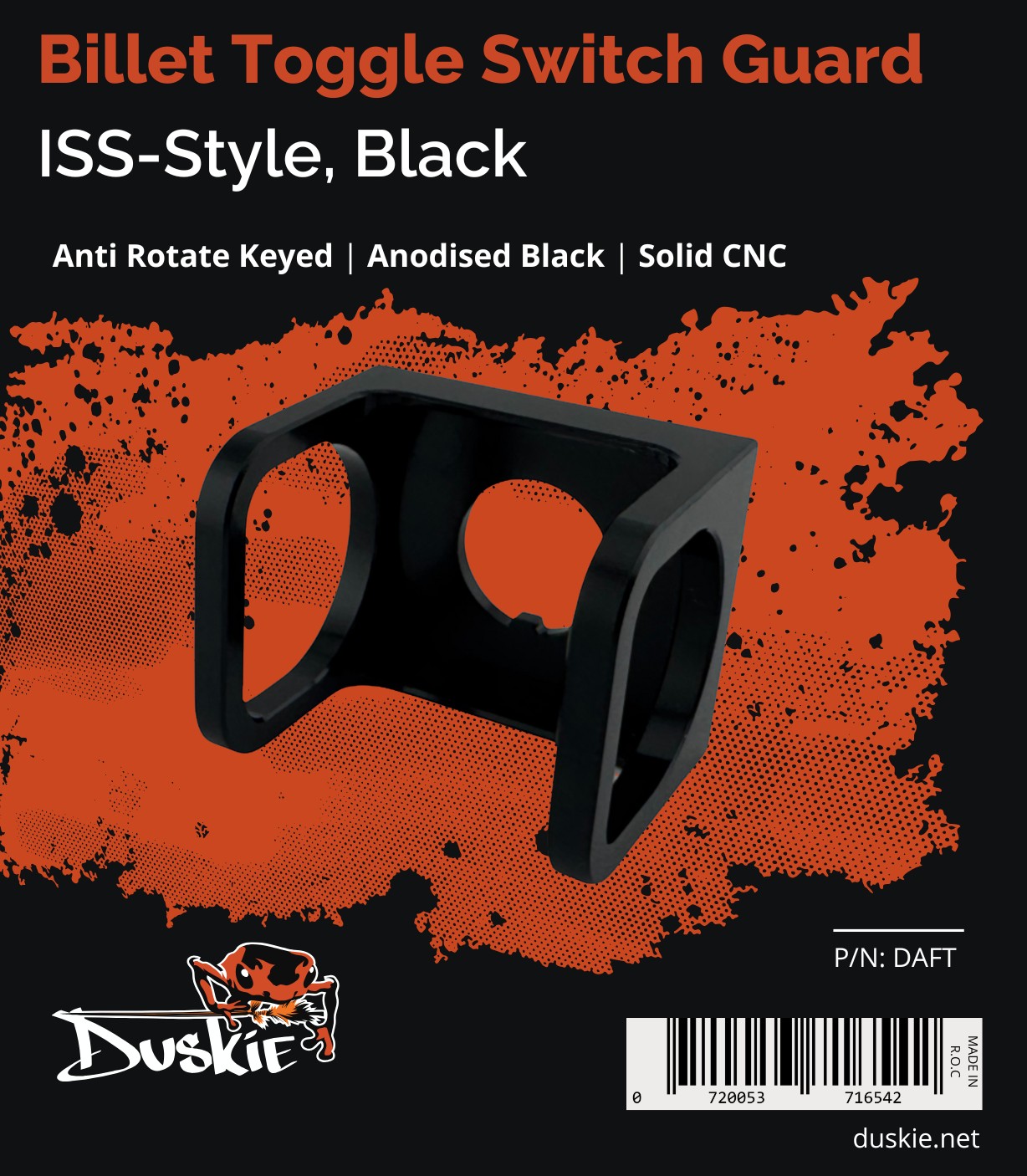 Duskie ISS-Style black anodized billet aluminum toggle switch guard. Protects switches from accidental bumps and spills.