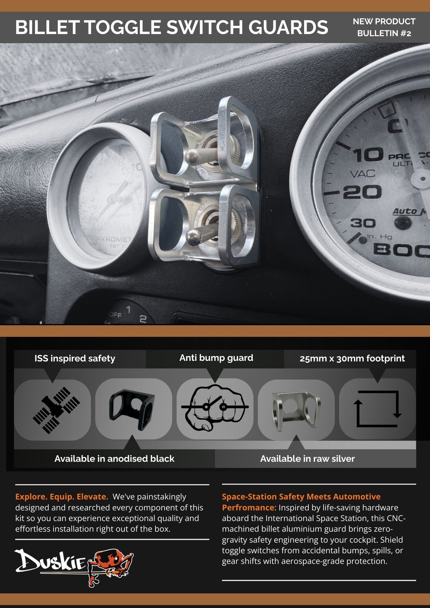 Duskie black anodized billet aluminum ISS-style toggle switch guard protecting two switches on a vehicle dashboard.