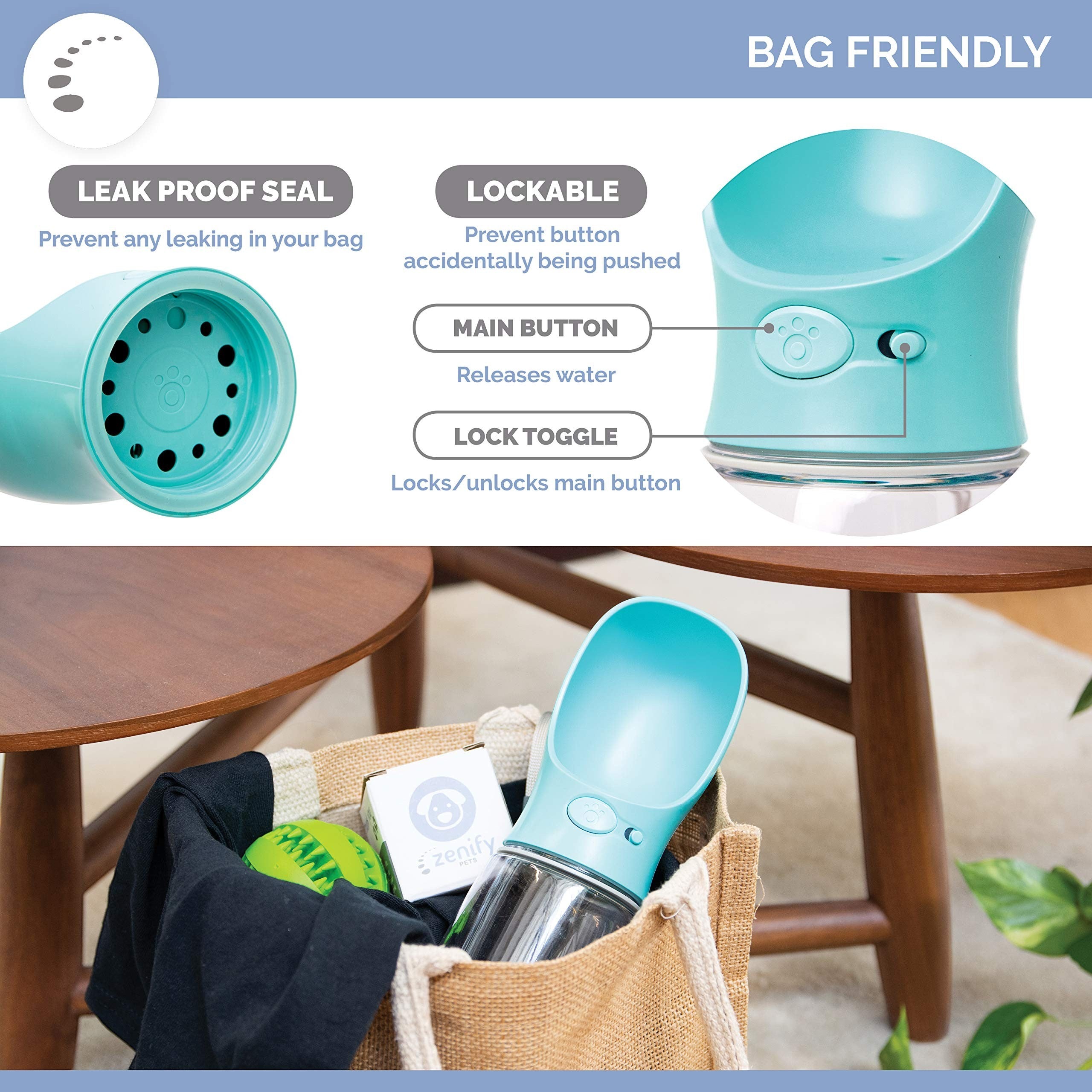 Duskie blue portable dog water bottle with leak-proof seal and lockable button for easy one-handed use.