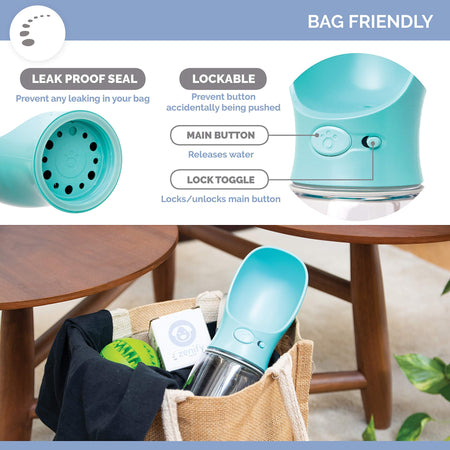Duskie blue portable dog water bottle with leak-proof seal and lockable button for easy one-handed use.