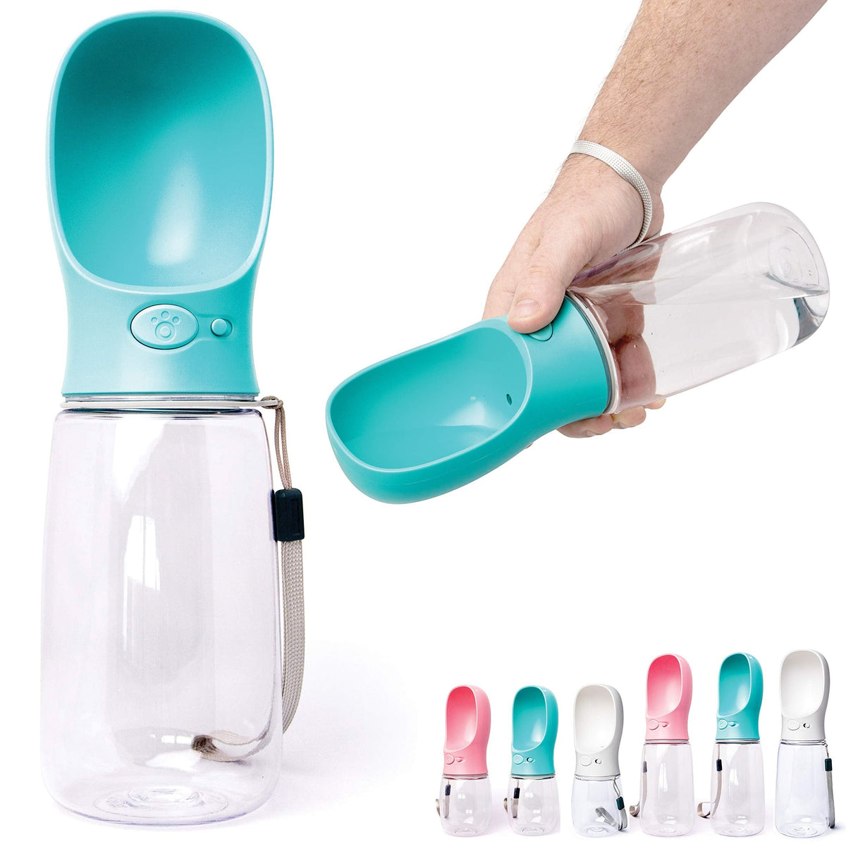 Duskie blue portable dog water bottle with integrated drinking trough and one-handed operation button. 550ml capacity.