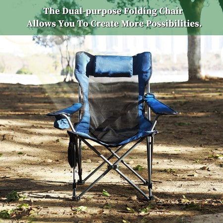 Duskie blue portable folding camping chair with mesh back, headrest, and cup holder, set up in a park.