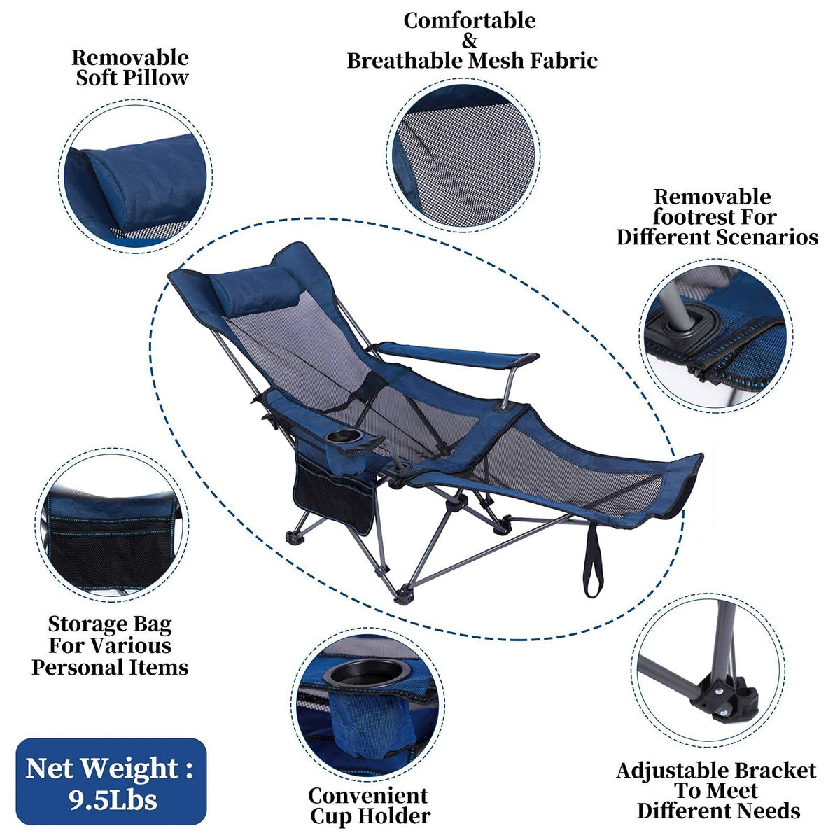 Duskie blue portable camping lounge chair with mesh, removable footrest, headrest, cup holder, and storage pocket.