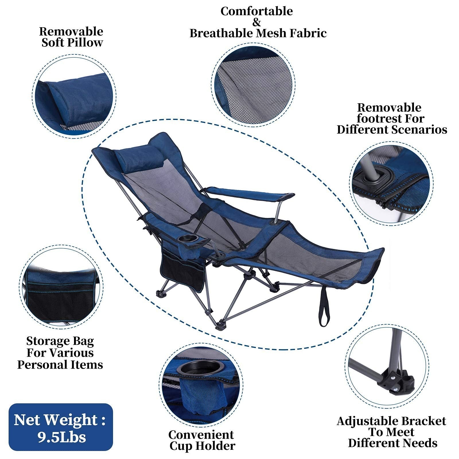 Duskie blue portable camping lounge chair with mesh, removable footrest, headrest, cup holder, and storage pocket.