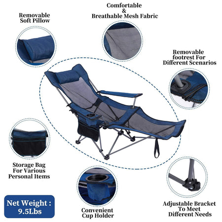 Duskie blue portable camping lounge chair with mesh, removable footrest, headrest, cup holder, and storage pocket.