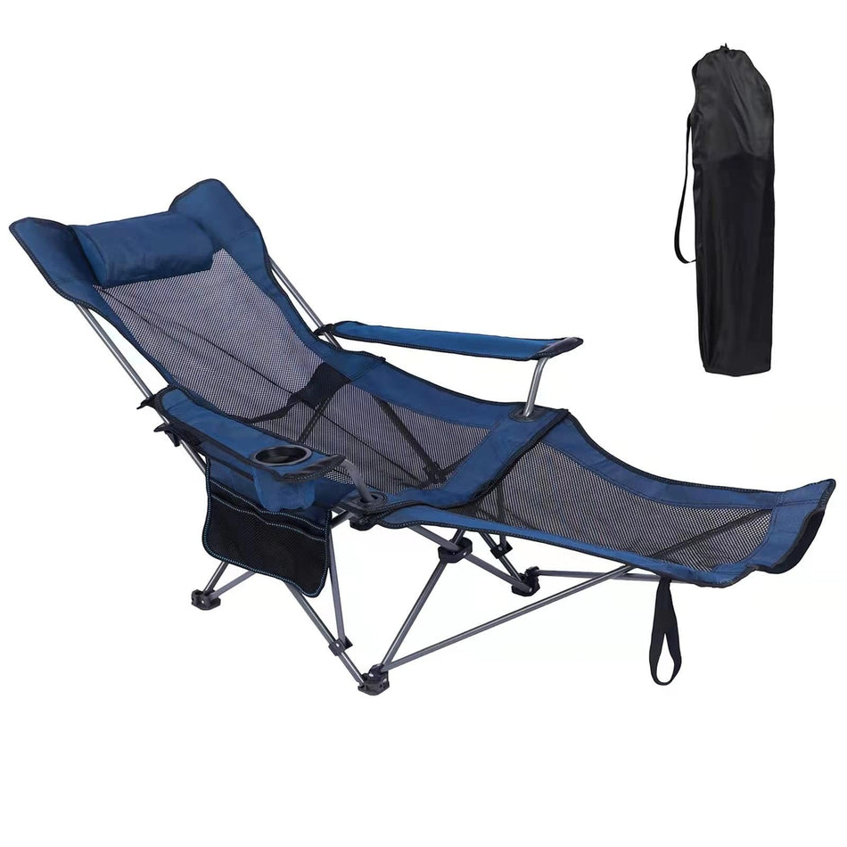 Duskie blue portable reclining camping chair with mesh back, removable footrest, headrest, cup holder, and carry bag.