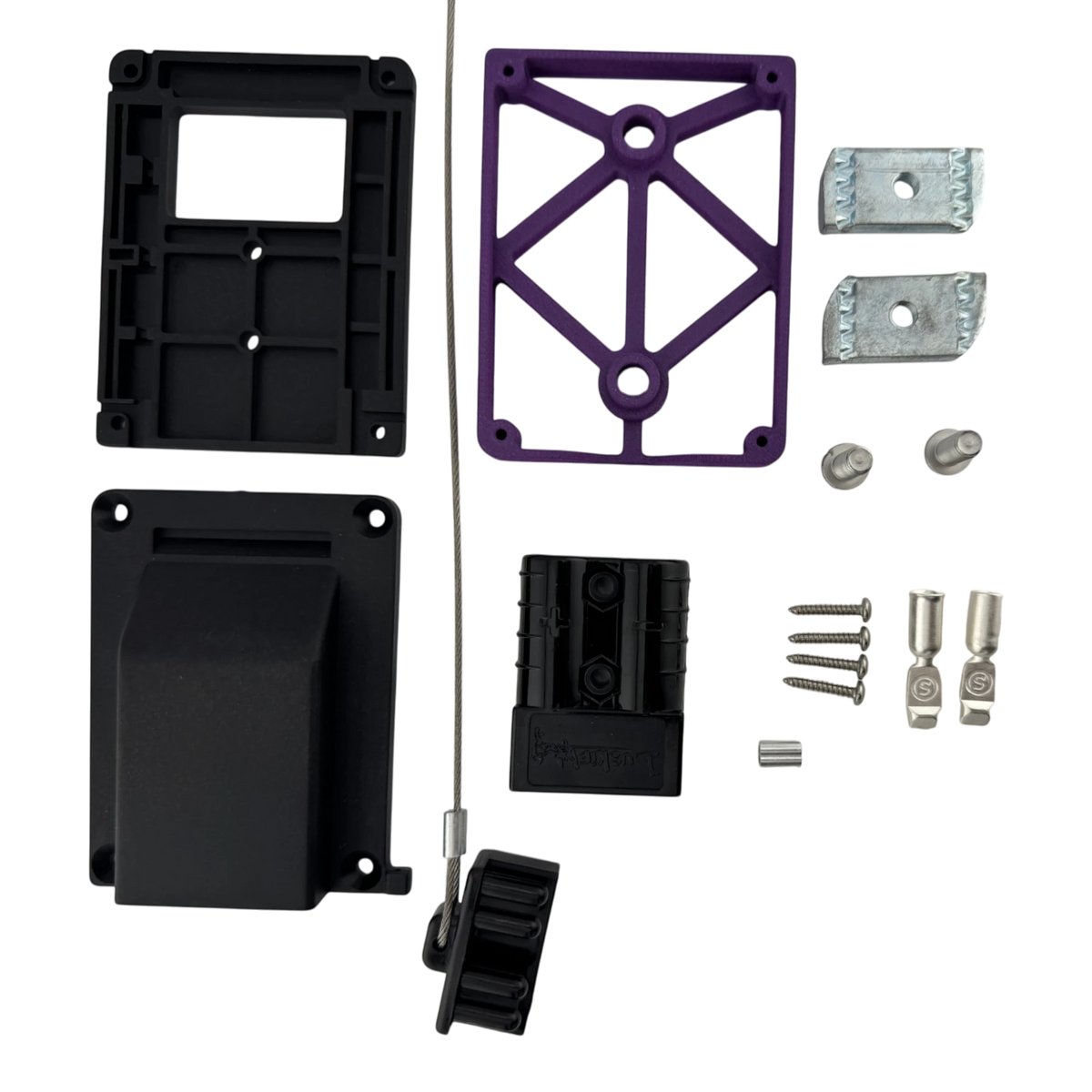 Duskie Here No-Drill 50A connector roof rack mount kit with black and purple nylon housing, metal T-slot adapters, screws, and cable.