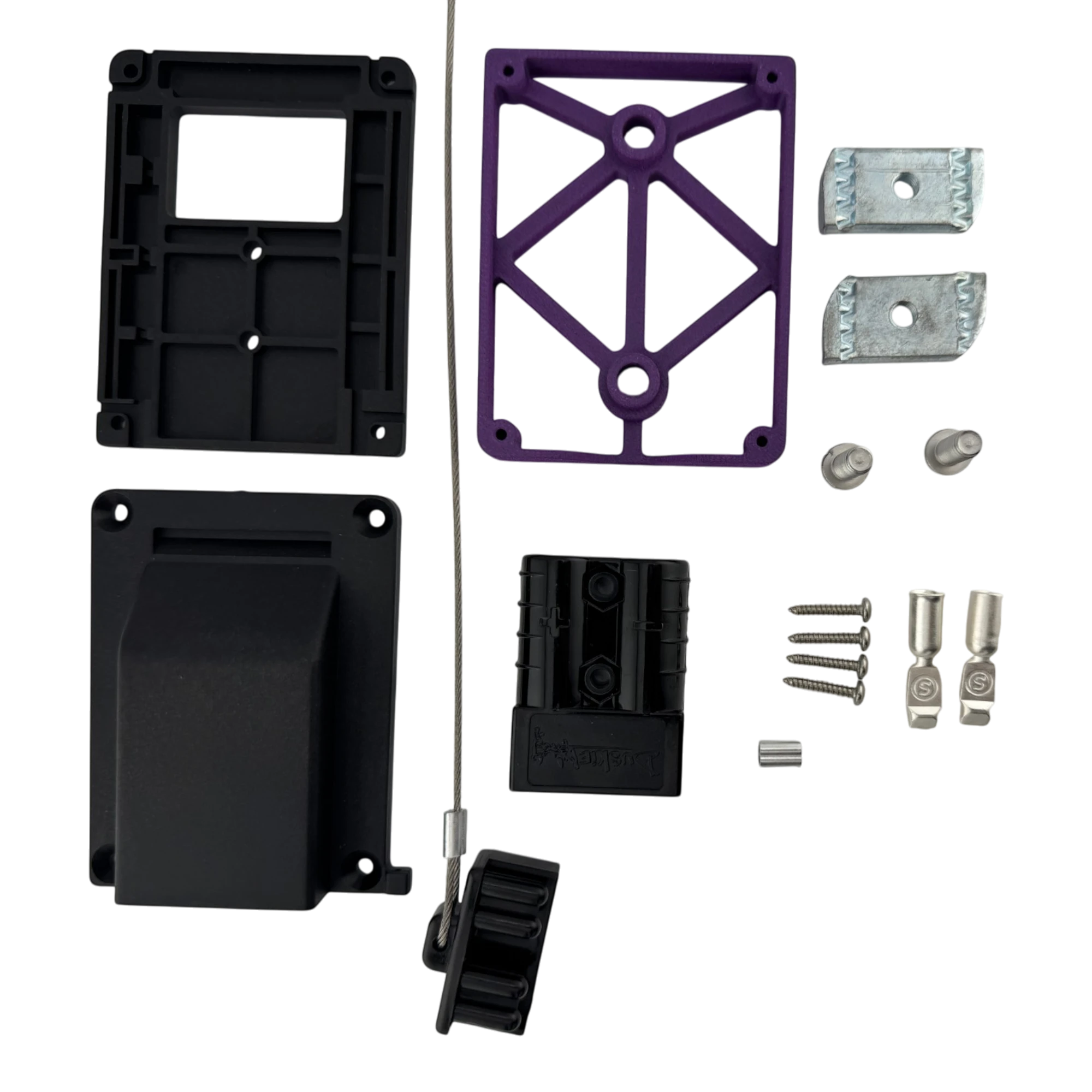 Duskie Here No-Drill 50A connector roof rack mount kit with black and purple nylon housing, metal T-slot adapters, screws, and cable.