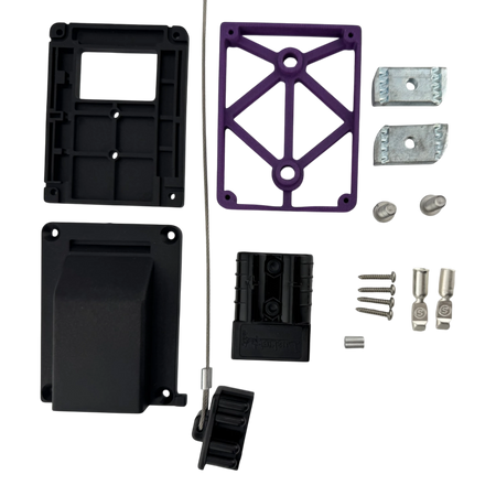 Duskie Here No-Drill 50A connector roof rack mount kit with black and purple nylon housing, metal T-slot adapters, screws, and cable.