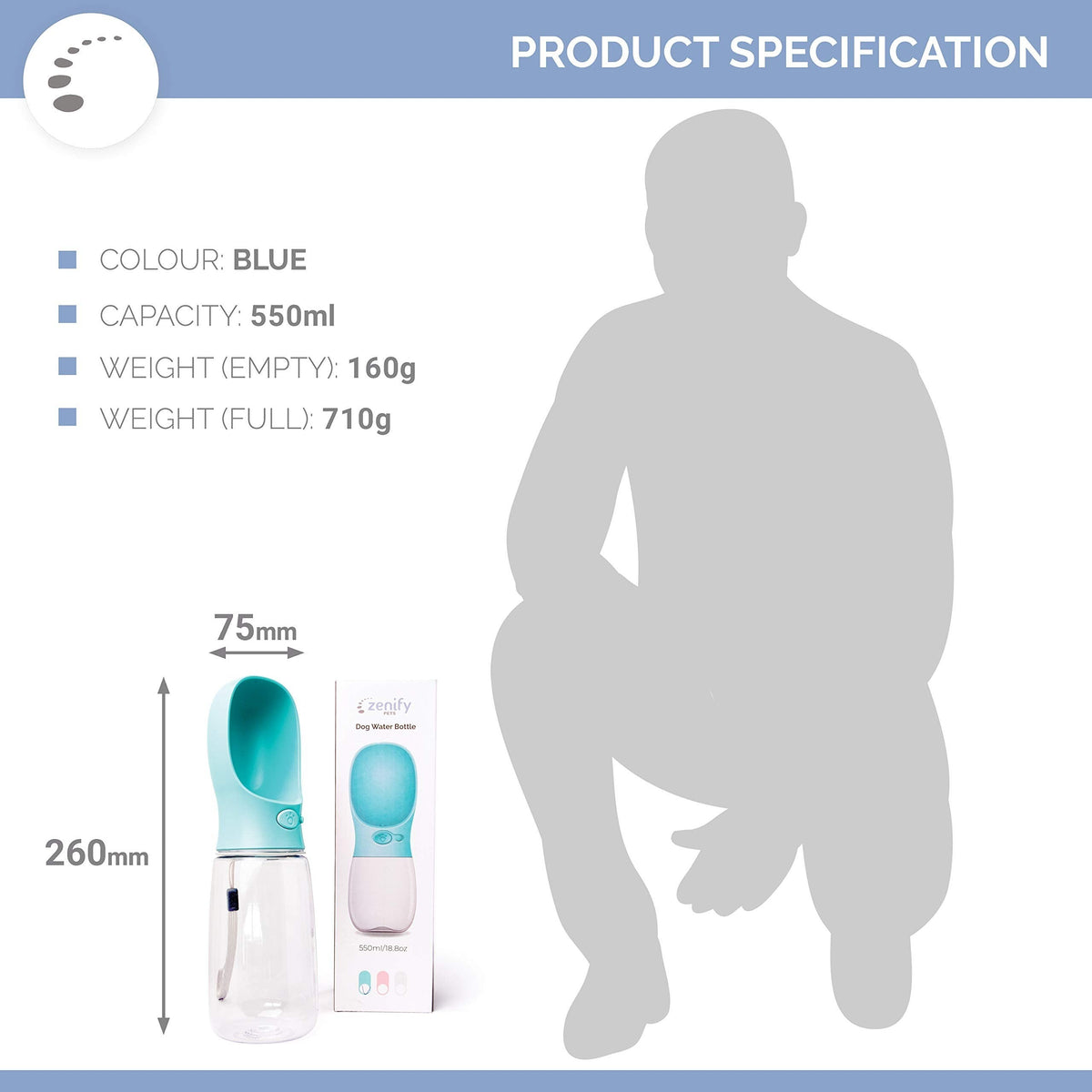 Duskie blue 550ml portable dog water bottle with one-handed operation and leak-proof design.