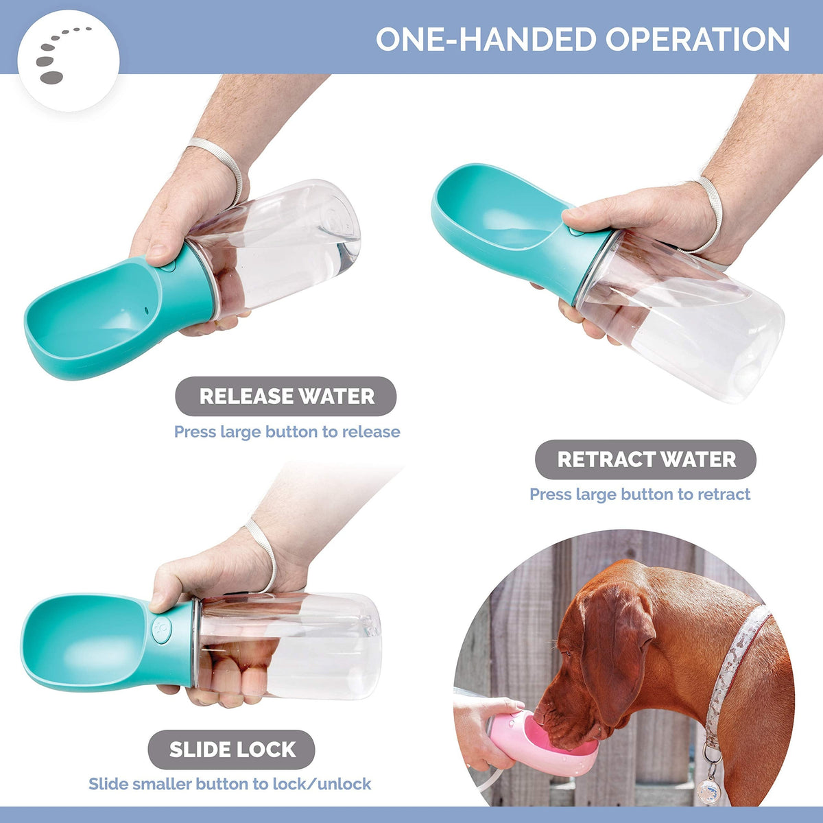 Duskie dog water bottle with blue dispenser, one-handed operation for travel, leak-proof, 550ml capacity.