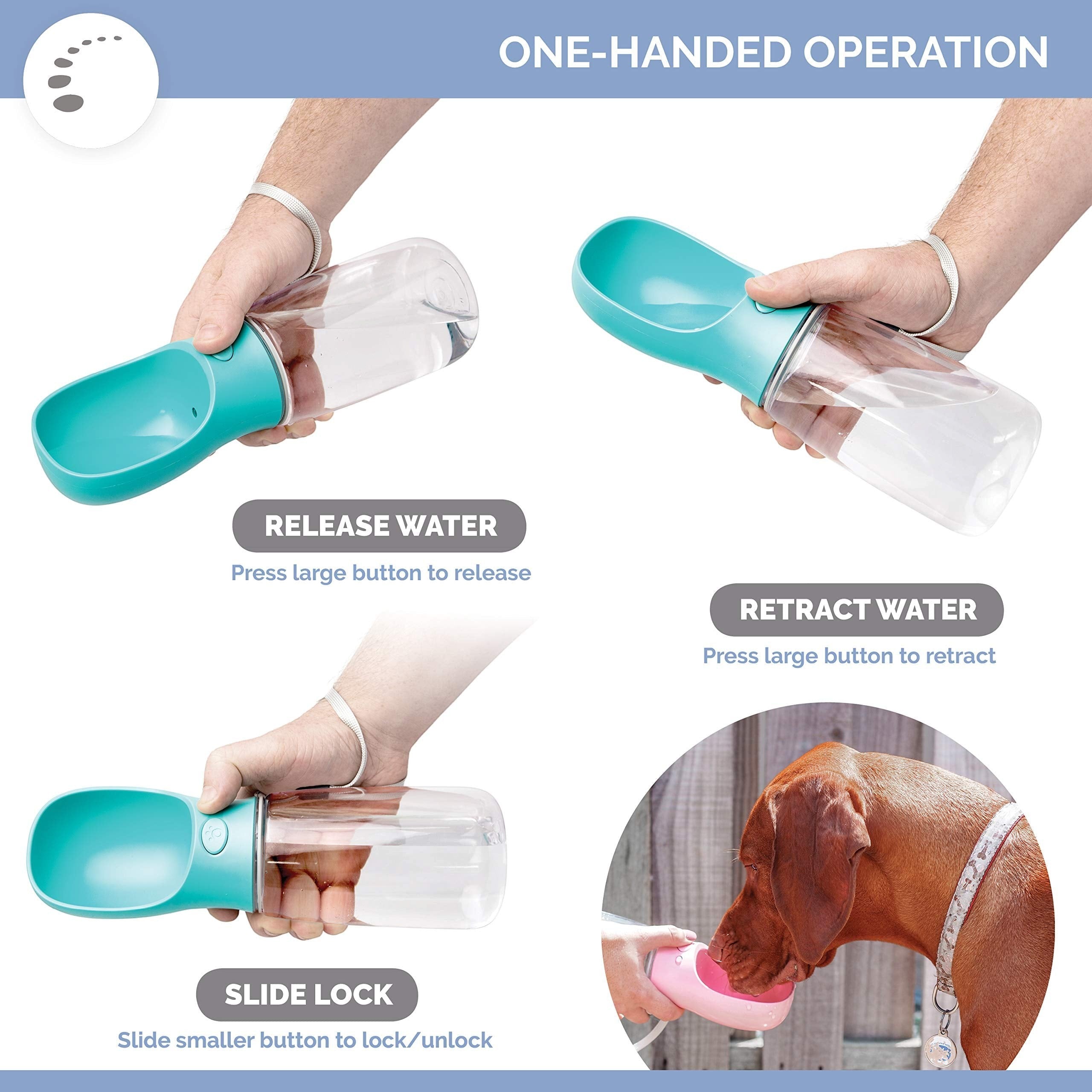 Duskie dog water bottle with blue dispenser, one-handed operation for travel, leak-proof, 550ml capacity.