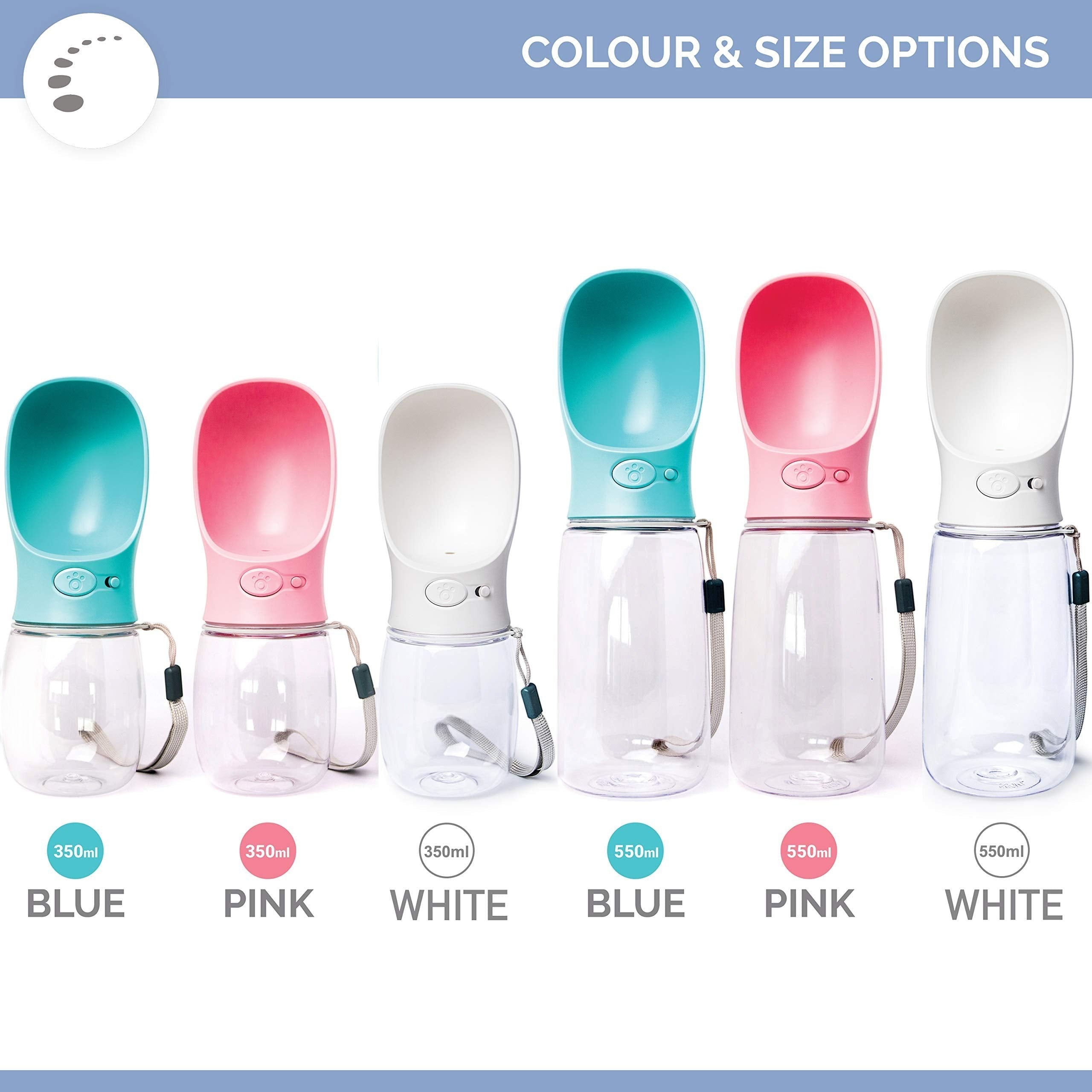 Duskie portable dog water bottle in blue, pink, and white, available in 350ml and 550ml sizes. Features one-handed operation and leak-proof design.