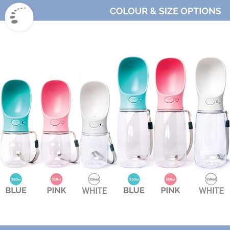 Duskie portable dog water bottle in blue, pink, and white, available in 350ml and 550ml sizes. Features one-handed operation and leak-proof design.
