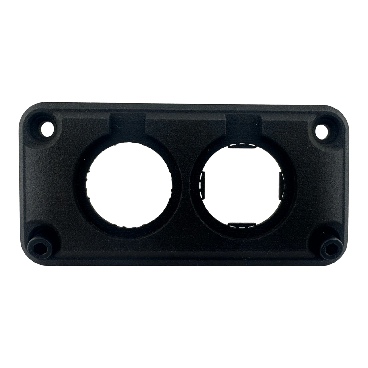 DUSKIE black dual panel mount housing for two 29mm gauges, sockets, or switches. Made of durable nylon.