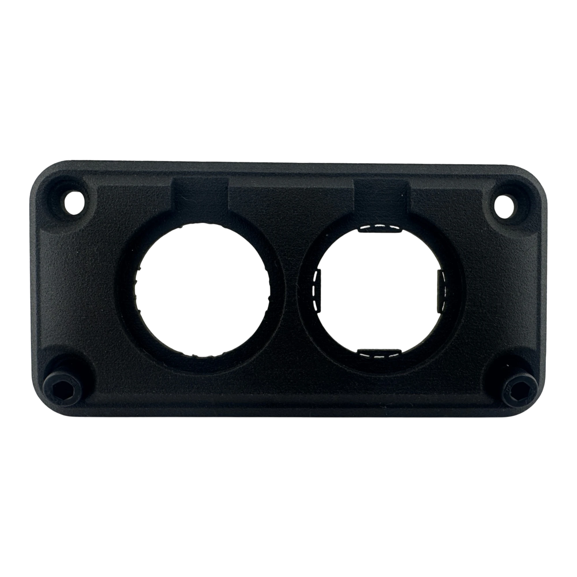 DUSKIE black dual panel mount housing for two 29mm gauges, sockets, or switches. Made of durable nylon.