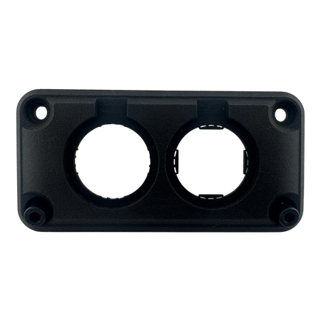 DUSKIE black dual panel mount housing for two 29mm gauges, sockets, or switches. Made of durable nylon.