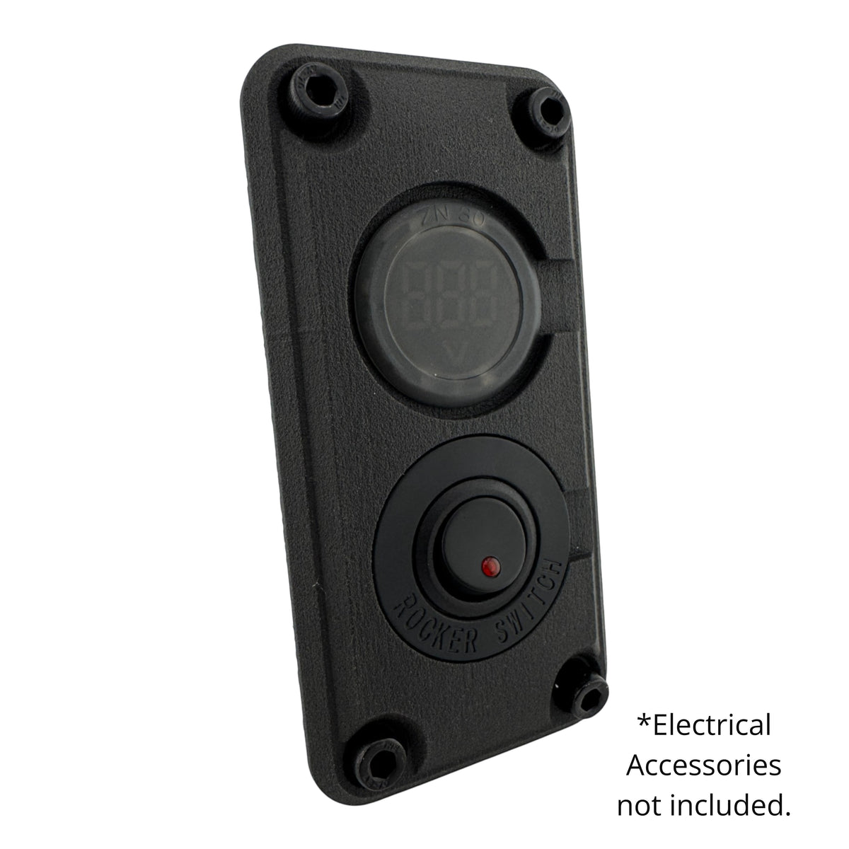 Duskie black dual panel mount housing with digital display and rocker switch. Made of durable nylon.