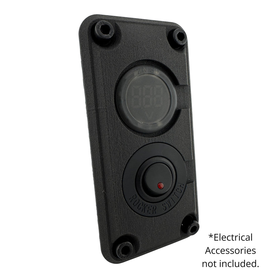 Duskie black dual panel mount housing with digital display and rocker switch. Made of durable nylon.