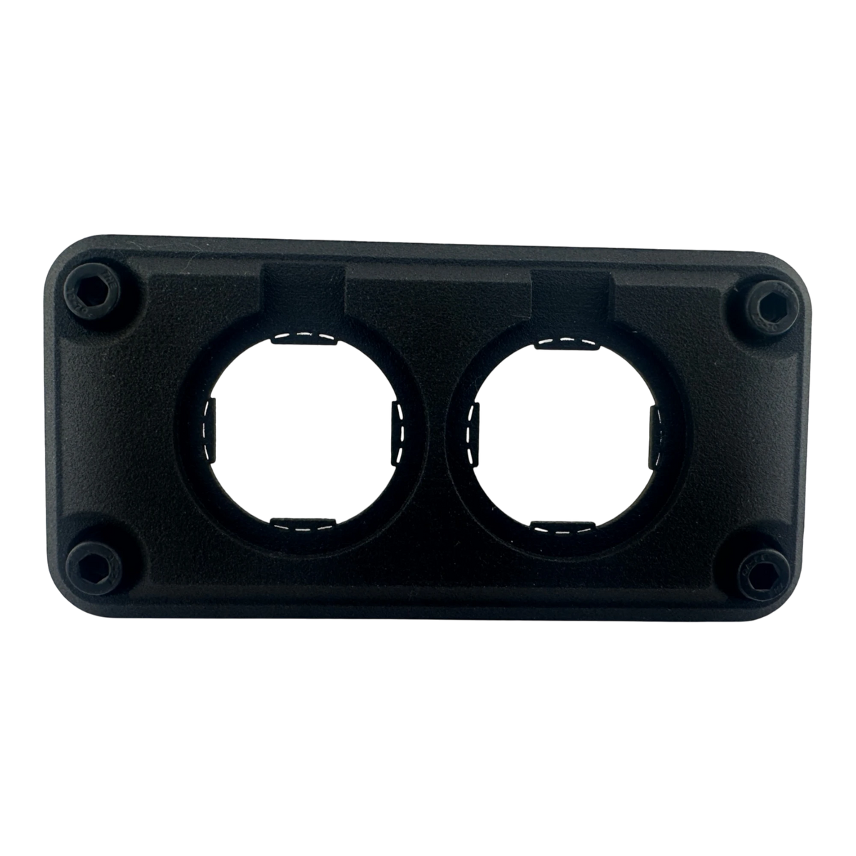 Duskie black dual panel mount housing for two 29mm gauges, sockets, or switches. Made of durable nylon.