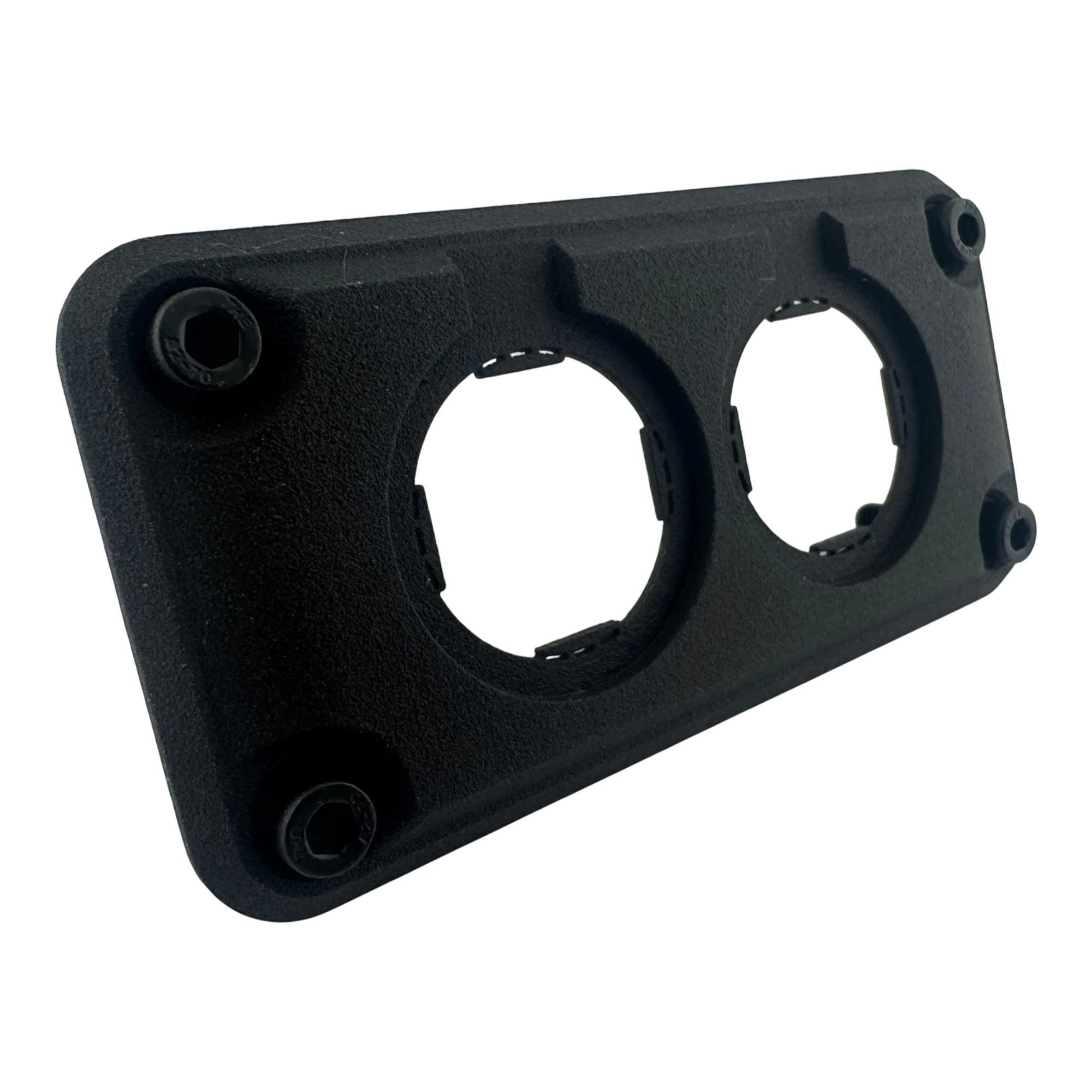 DUSKIE black dual panel mount housing for two 29mm gauges, sockets, or switches. Made of durable nylon.