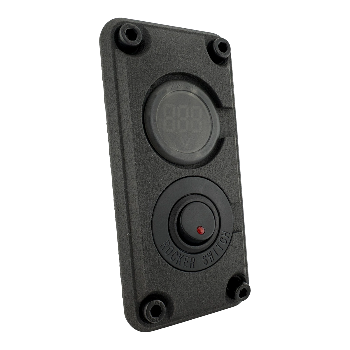 DUSKIE black dual panel mount housing with a digital display and rocker switch, made of durable nylon.