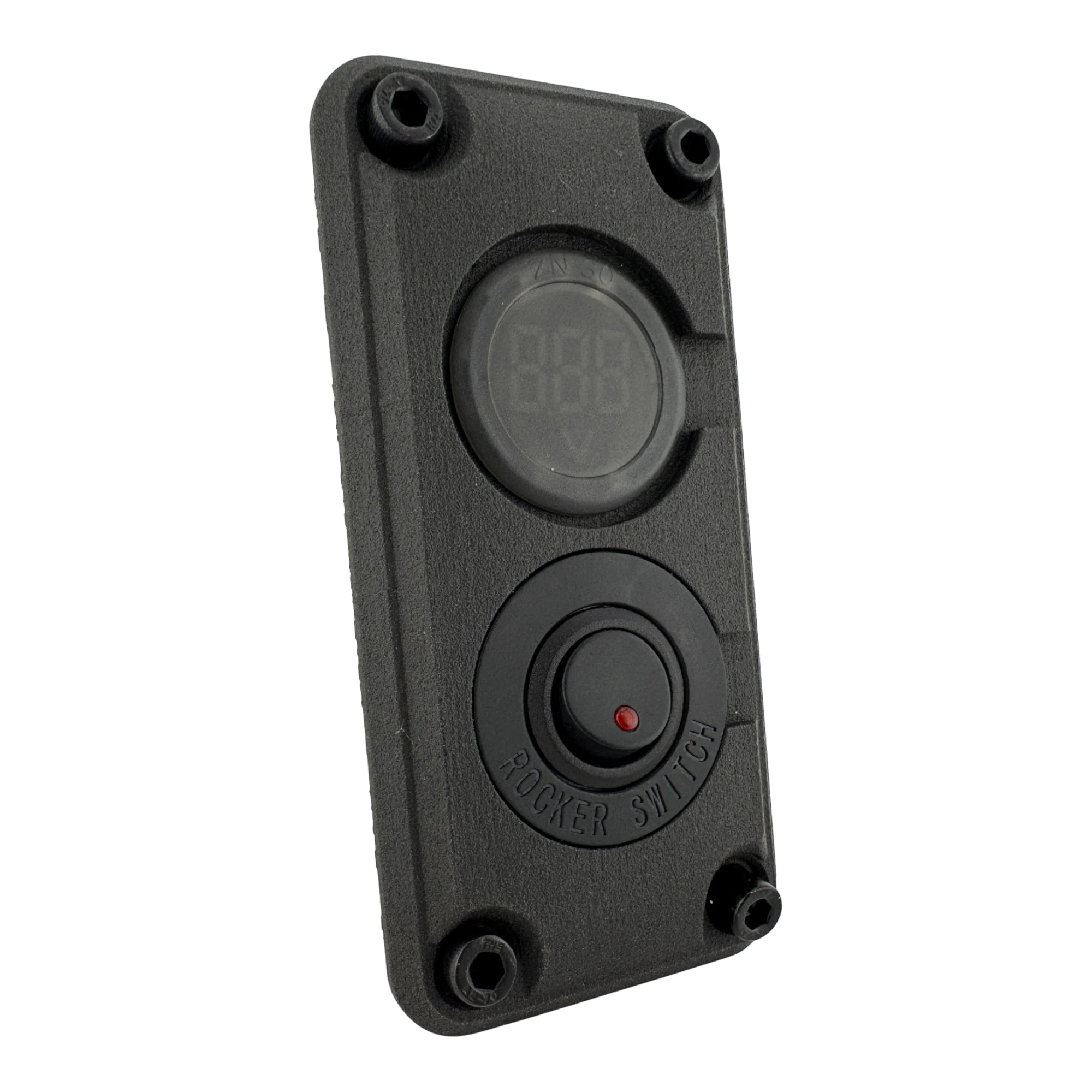 DUSKIE black dual panel mount housing with a digital display and rocker switch, made of durable nylon.
