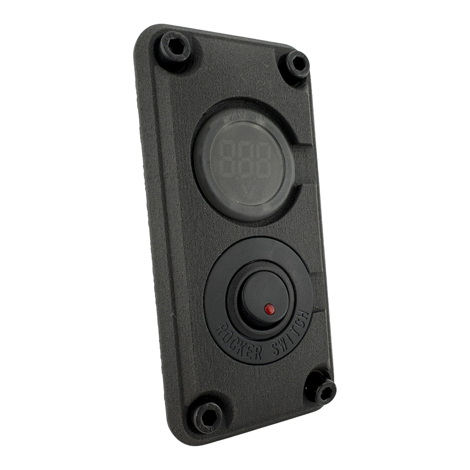 DUSKIE black dual panel mount housing with a digital display and rocker switch, made of durable nylon.