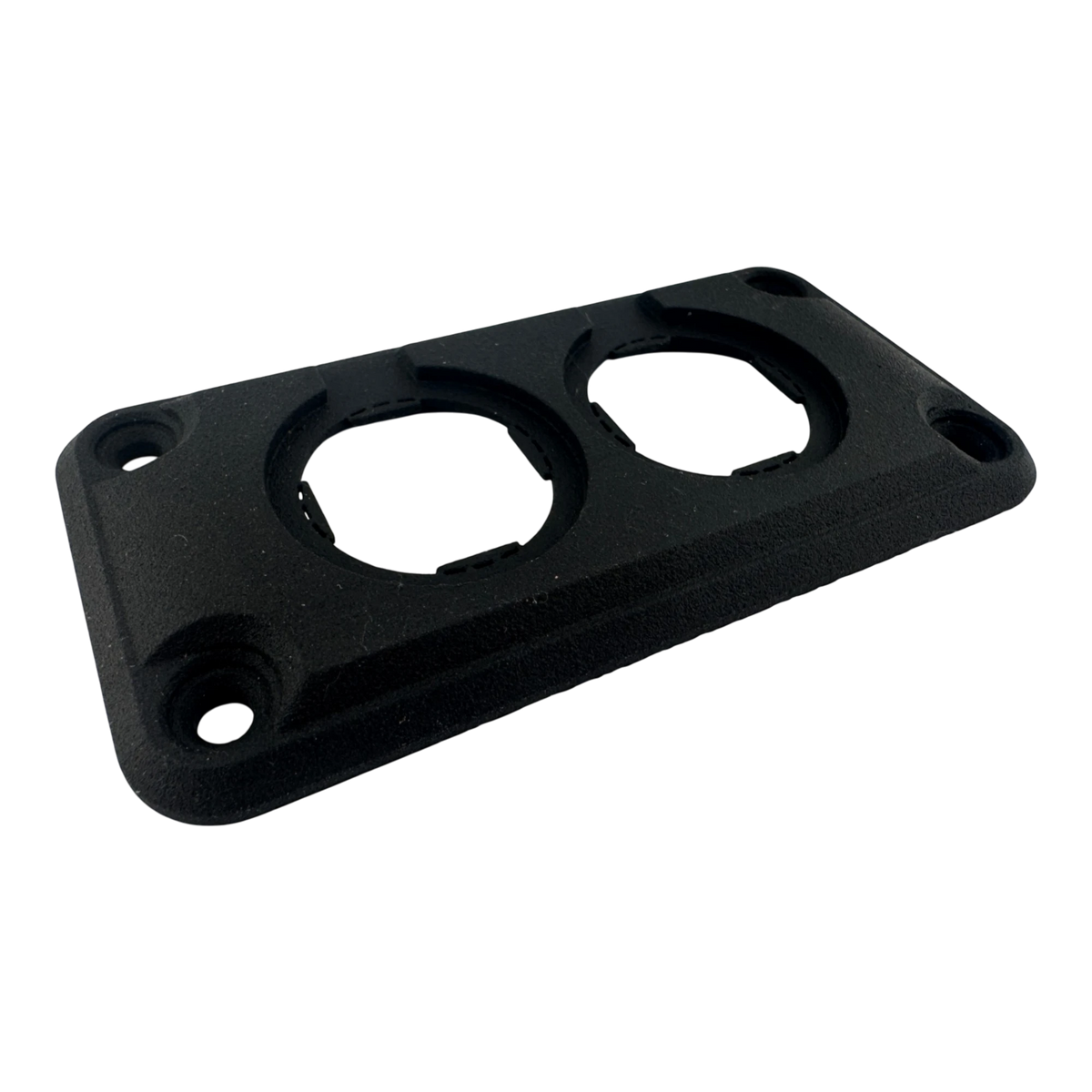 DUSKIE black dual panel mount housing for two 29mm gauges, sockets, or switches. Made of durable nylon.