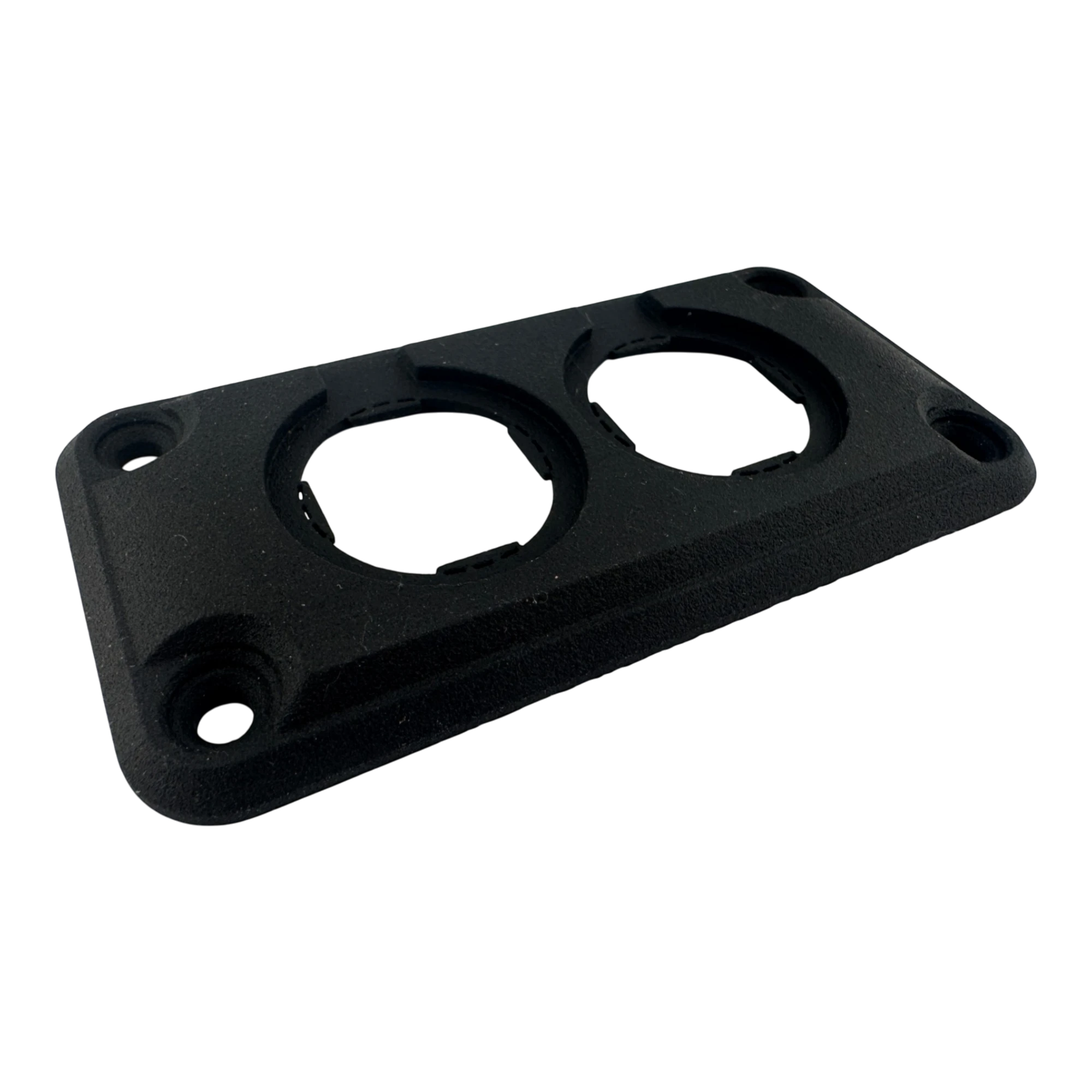 DUSKIE black dual panel mount housing for two 29mm gauges, sockets, or switches. Made of durable nylon.