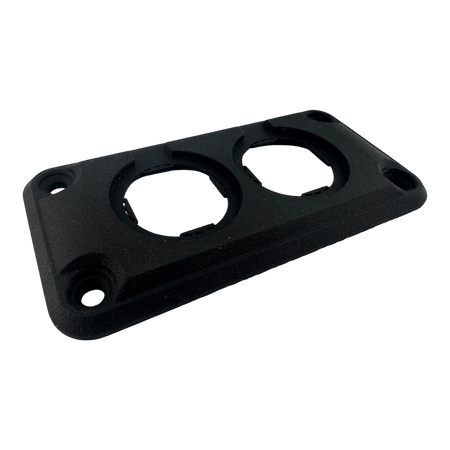 DUSKIE black dual panel mount housing for two 29mm gauges, sockets, or switches. Made of durable nylon.