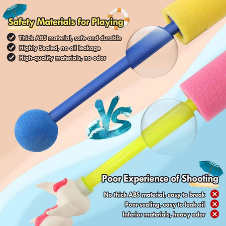 Duskie foam water gun comparison showing durable ABS material and leak-proof design for safe summer pool play.