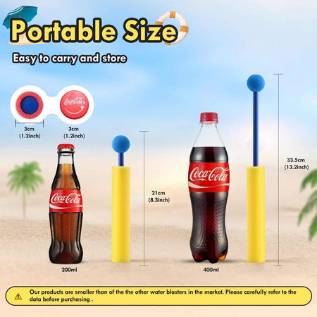 Duskie foam water gun size comparison chart showing dimensions next to soda bottles for beach and pool play.