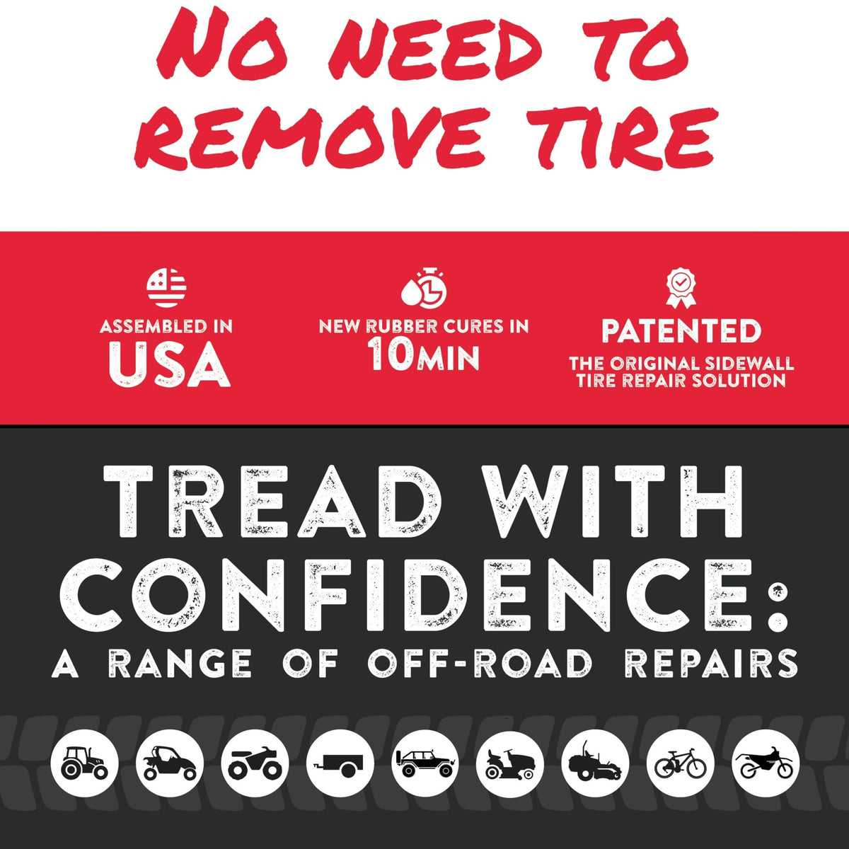 Duskie GlueTread 4x4 sidewall tire repair kit infographic showing 10-minute cure time and off-road vehicle icons.