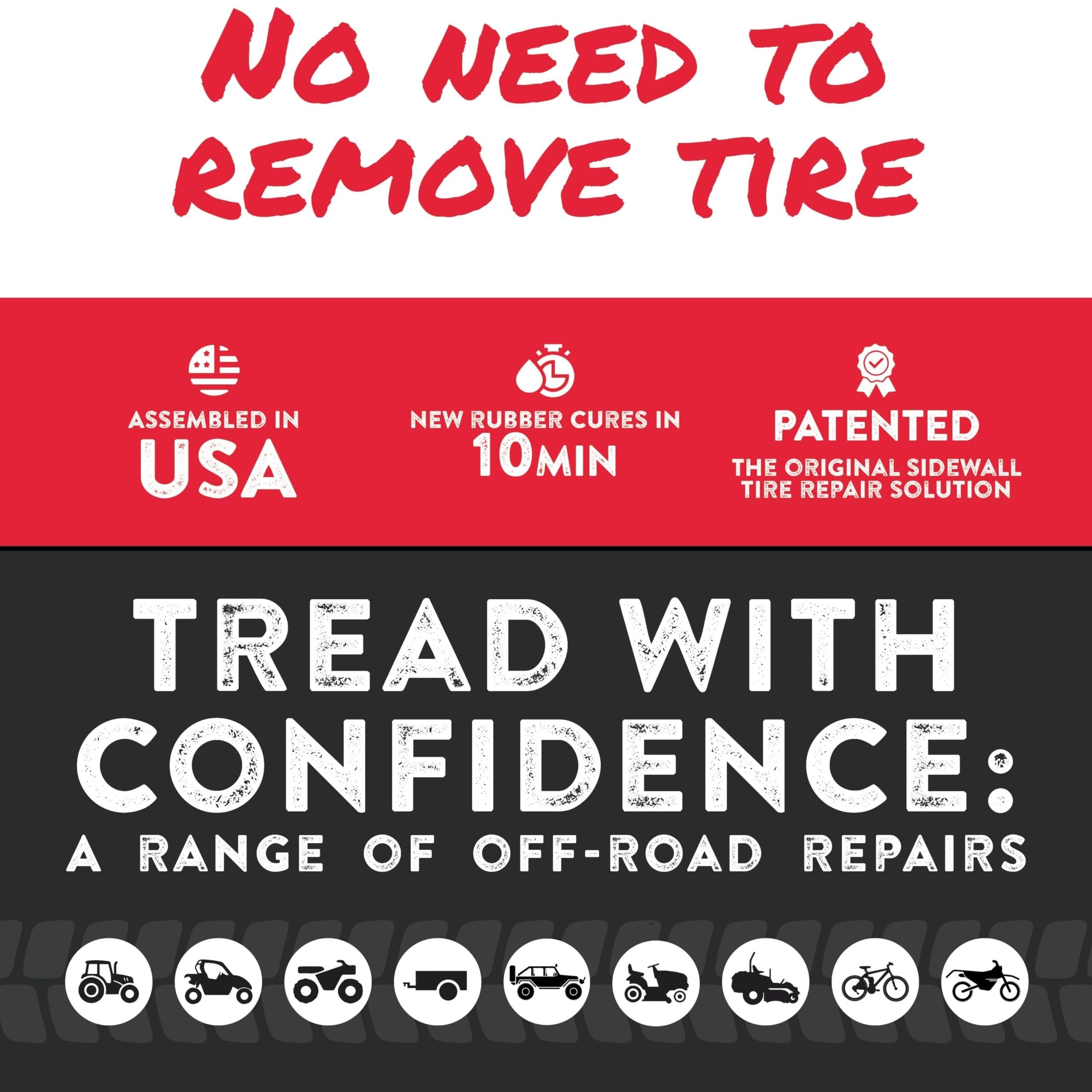 Duskie GlueTread 4x4 sidewall tire repair kit infographic showing 10-minute cure time and off-road vehicle icons.