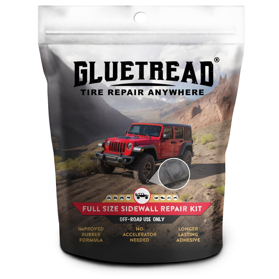 Duskie GlueTread full-size off-road tire sidewall repair kit with rubber patches for 4x4 vehicles.