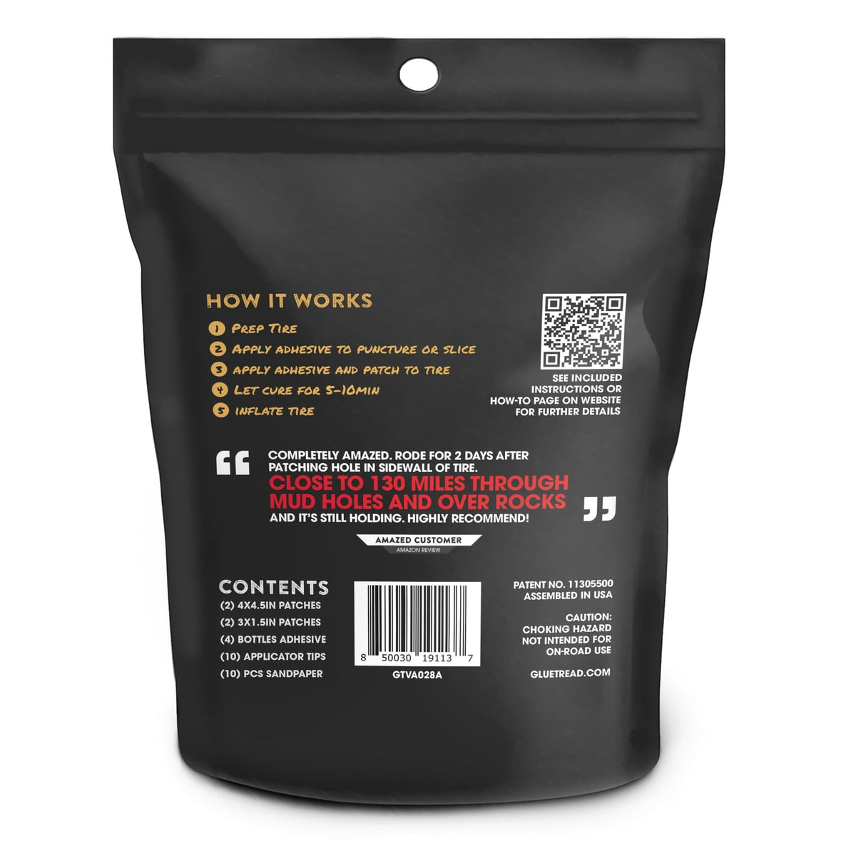 Duskie GlueTread 4x4 sidewall tire repair kit packaging showing instructions, contents list, and customer review.
