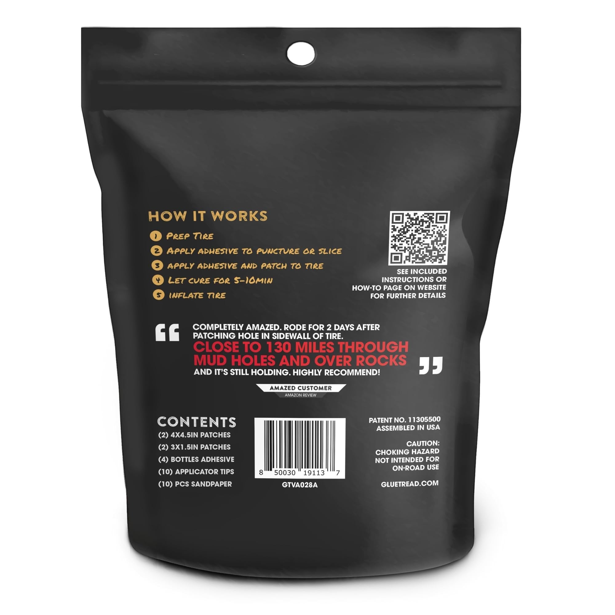 Duskie GlueTread 4x4 sidewall tire repair kit packaging showing instructions, contents list, and customer review.
