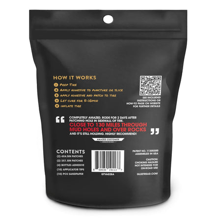 Duskie GlueTread 4x4 sidewall tire repair kit packaging showing instructions, contents list, and customer review.