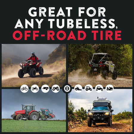 Duskie GlueTread off-road tire repair kit for ATVs, UTVs, tractors, and 4x4 vehicles in various outdoor settings.