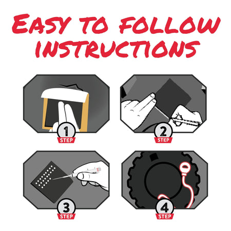 Duskie GlueTread 4x4 tire repair kit instructions showing four steps to patch off-road vehicle sidewall punctures.