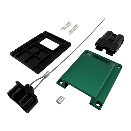 Duskie green billet aluminium housing kit with 2-way 50A connector, dust cap, and terminals. Heavy duty 12V solution.