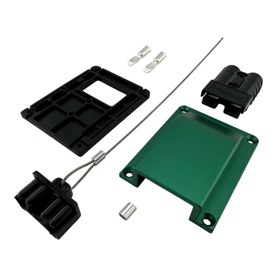 Duskie green billet aluminium housing kit with 2-way 50A connector, dust cap, and terminals. Heavy duty 12V solution.